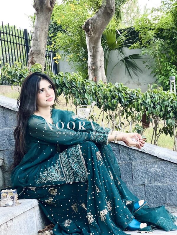 Shop Heavy Faux Georgette Embroidered Top & Plazzo Set with Organza Dupatta - Image 2
