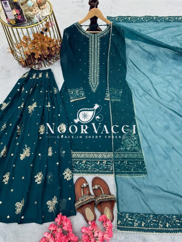 Shop Heavy Faux Georgette Embroidered Top & Plazzo Set with Organza Dupatta - Image 5