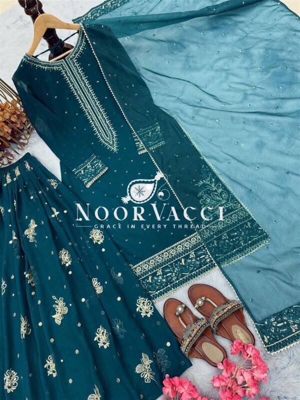 Shop Heavy Faux Georgette Embroidered Top & Plazzo Set with Organza Dupatta - Image 6
