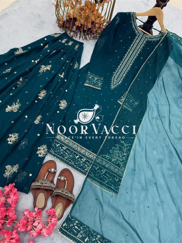 Shop Heavy Faux Georgette Embroidered Top & Plazzo Set with Organza Dupatta - Image 7