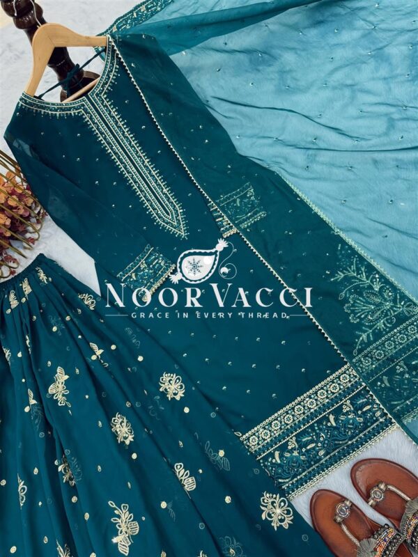 Shop Heavy Faux Georgette Embroidered Top & Plazzo Set with Organza Dupatta - Image 4