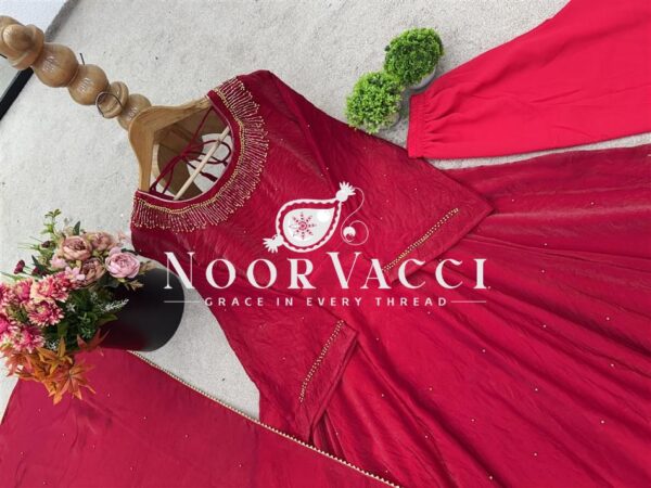 Shop Fendy Silk Anarkali Gown with Val Moti Work, Pant & Dupatta Set - Image 10