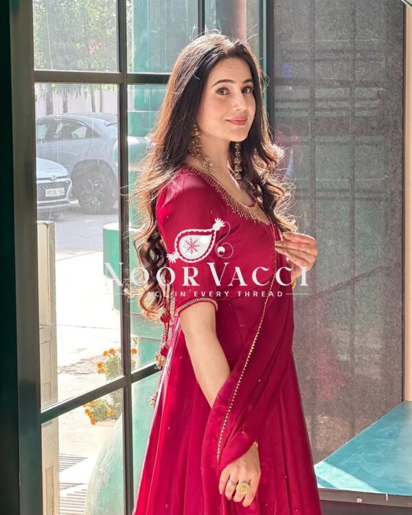 Shop Fendy Silk Anarkali Gown with Val Moti Work, Pant & Dupatta Set - Image 8