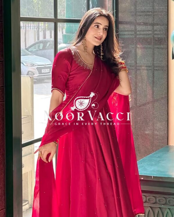 Shop Fendy Silk Anarkali Gown with Val Moti Work, Pant & Dupatta Set - Image 7