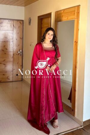 Shop Fendy Silk Anarkali Gown with Val Moti Work, Pant & Dupatta Set