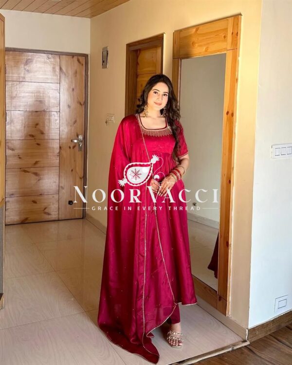 Shop Fendy Silk Anarkali Gown with Val Moti Work, Pant & Dupatta Set