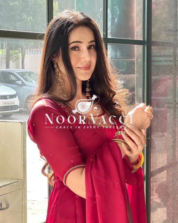 Shop Fendy Silk Anarkali Gown with Val Moti Work, Pant & Dupatta Set - Image 3