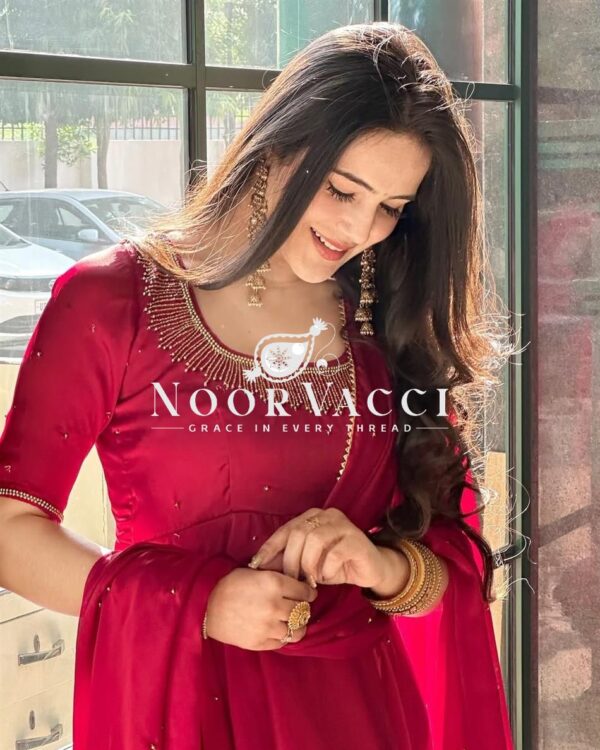 Shop Fendy Silk Anarkali Gown with Val Moti Work, Pant & Dupatta Set - Image 4