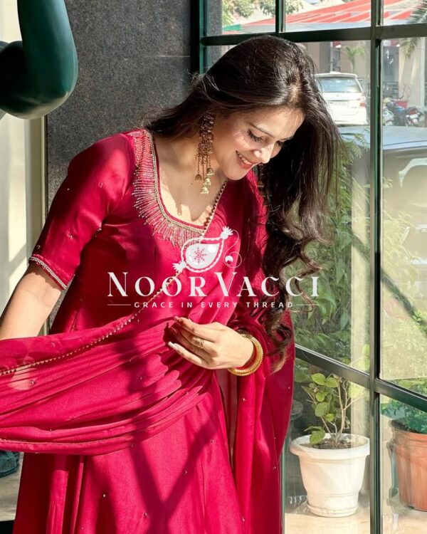Shop Fendy Silk Anarkali Gown with Val Moti Work, Pant & Dupatta Set - Image 6