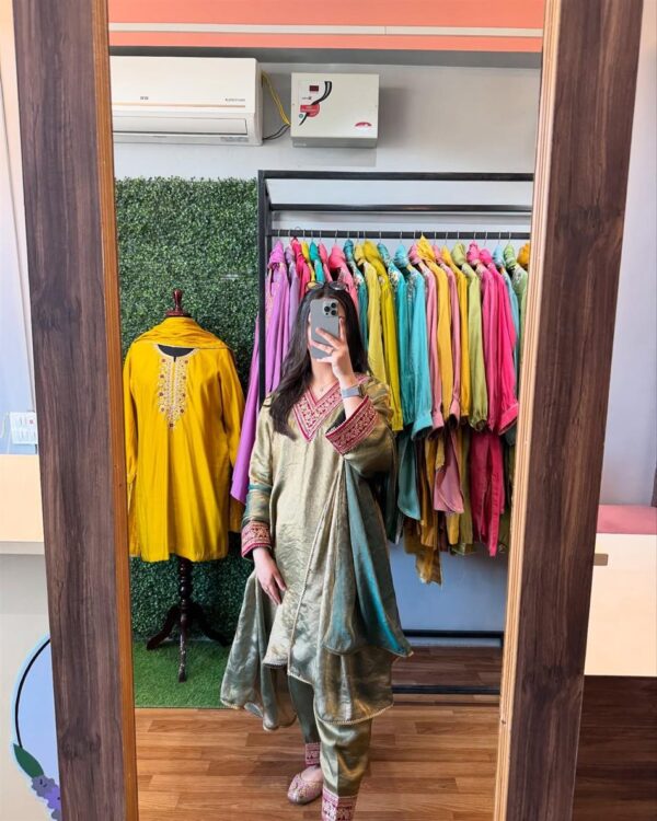 Pure Gold Fendi Silk Embroidered Suit Set with Dupatta - Image 3