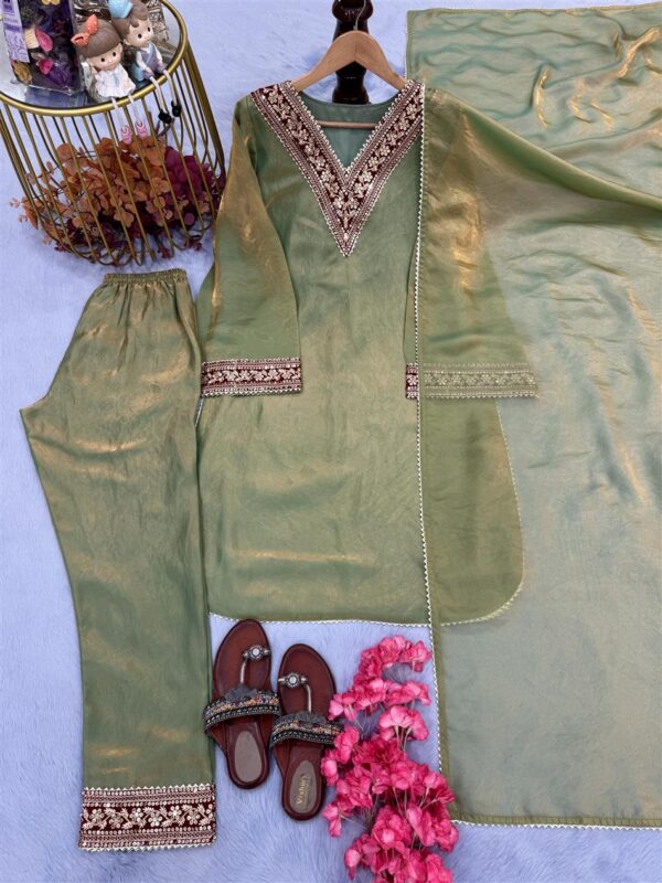 Pure Gold Fendi Silk Embroidered Suit Set with Dupatta - Image 4
