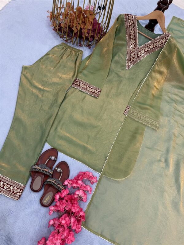 Pure Gold Fendi Silk Embroidered Suit Set with Dupatta - Image 5