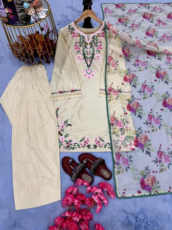 Natural Crepe Embroidered Top with Farshi Palazzo & Printed Dupatta - Image 4