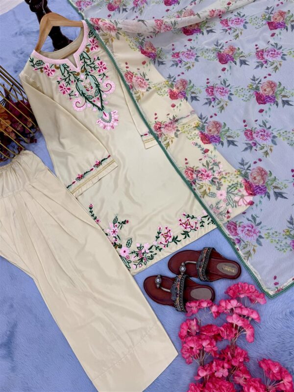 Natural Crepe Embroidered Top with Farshi Palazzo & Printed Dupatta - Image 5