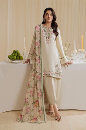 Natural Crepe Embroidered Top with Farshi Palazzo & Printed Dupatta