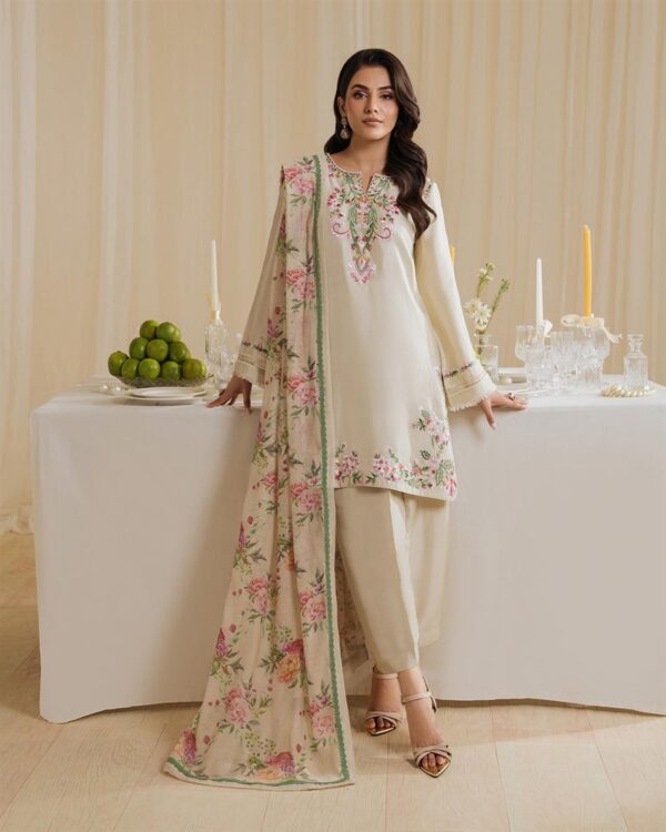 Natural Crepe Embroidered Top with Farshi Palazzo & Printed Dupatta