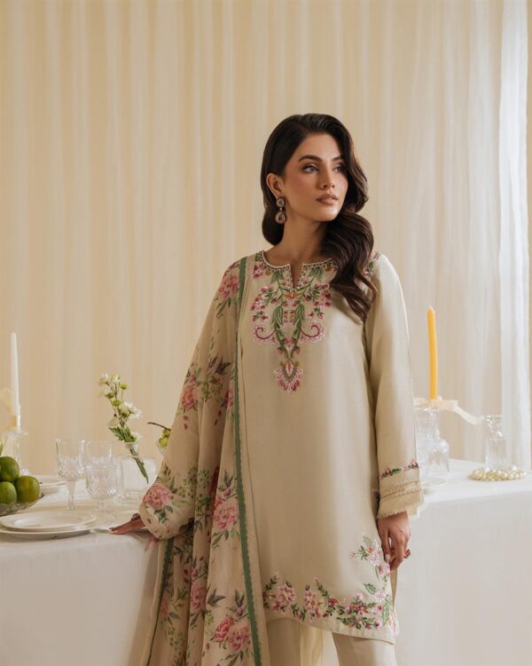 Natural Crepe Embroidered Top with Farshi Palazzo & Printed Dupatta - Image 2
