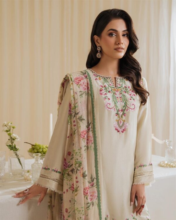 Natural Crepe Embroidered Top with Farshi Palazzo & Printed Dupatta - Image 3