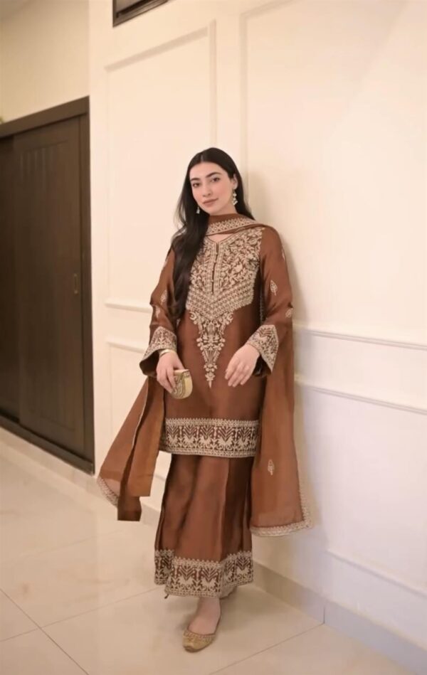 Chinon Silk Embroidered Top with Palazzo & Dupatta Set - Image 2