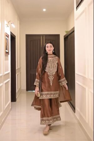 Chinon Silk Embroidered Top with Palazzo & Dupatta Set