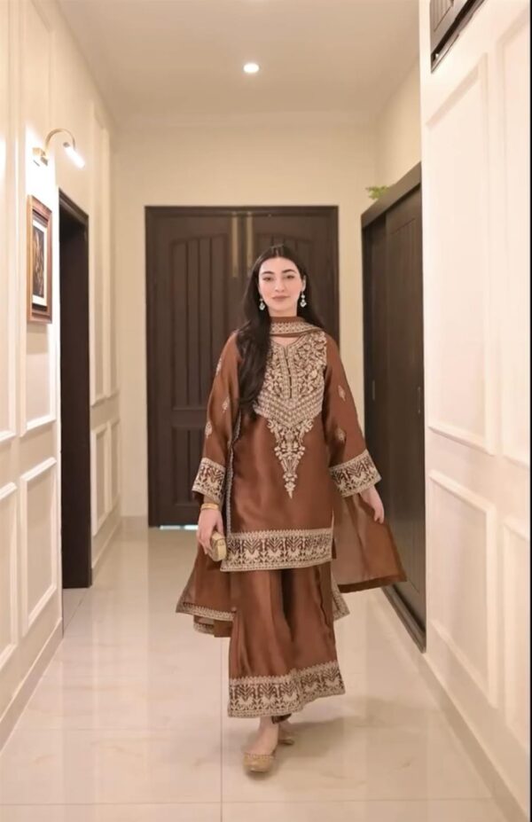 Chinon Silk Embroidered Top with Palazzo & Dupatta Set