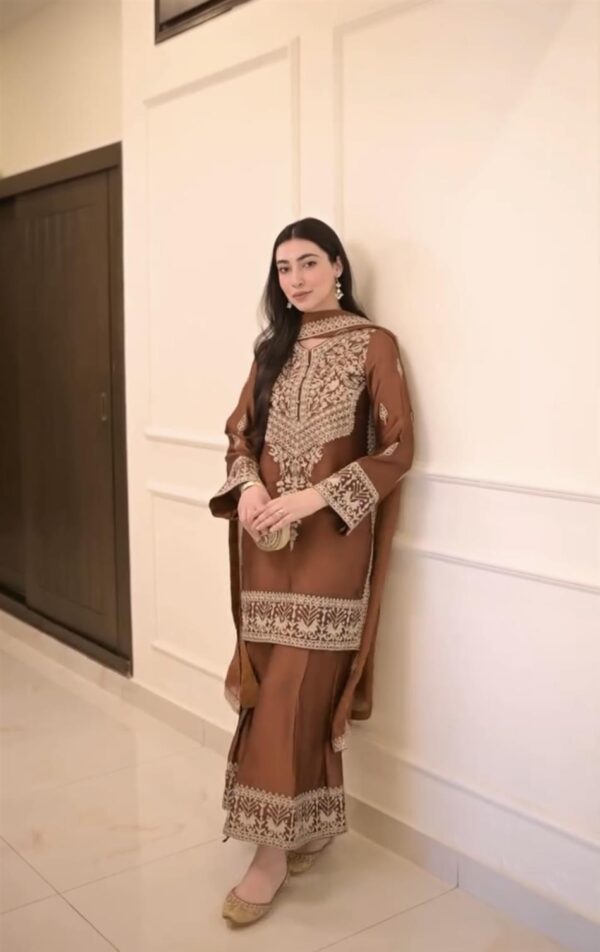 Chinon Silk Embroidered Top with Palazzo & Dupatta Set - Image 3