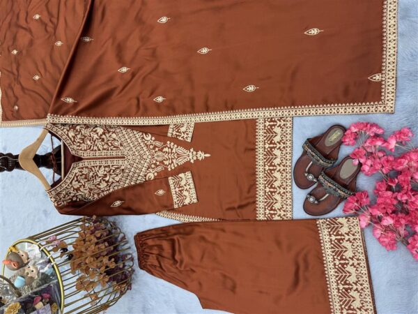 Chinon Silk Embroidered Top with Palazzo & Dupatta Set - Image 5