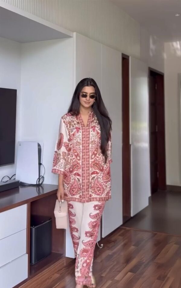 Designer Party Wear Printed Pure Malai Satin Co-Ord Set - Image 2