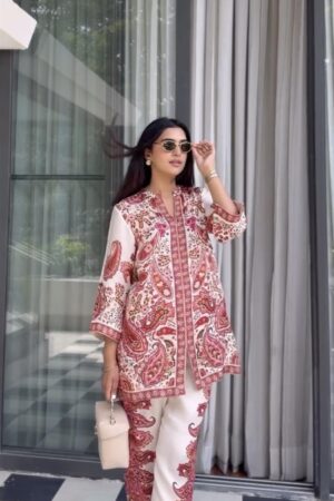 Designer Party Wear Printed Pure Malai Satin Co-Ord Set