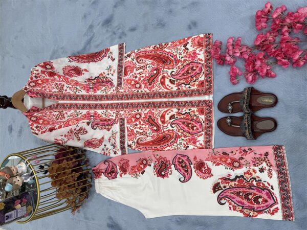 Designer Party Wear Printed Pure Malai Satin Co-Ord Set - Image 5