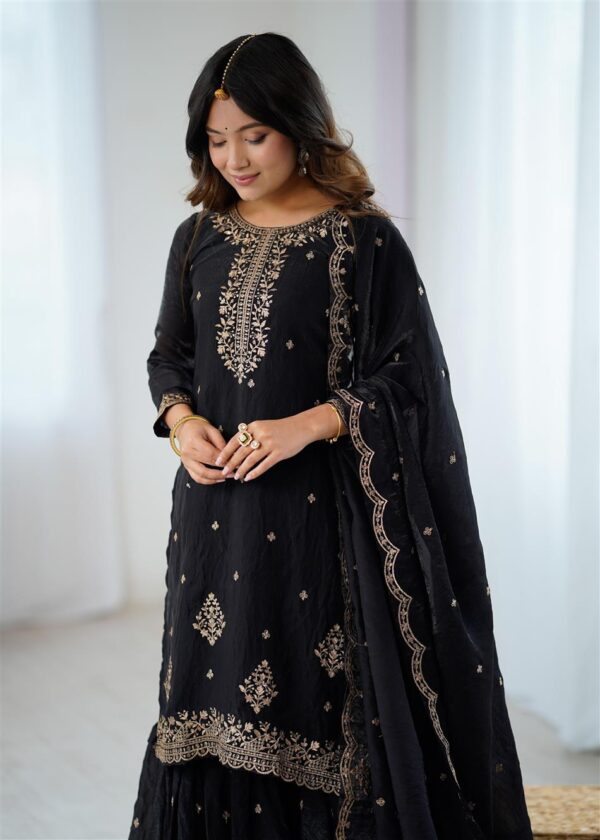 Crunchy Silk Embroidered Kediyakurta Sharara Set with Dupatta - Image 3