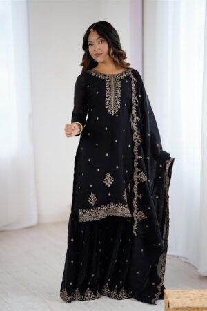 Crunchy Silk Embroidered Kediyakurta Sharara Set with Dupatta