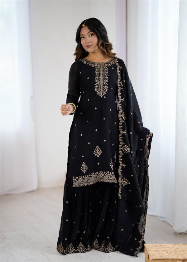 Crunchy Silk Embroidered Kediyakurta Sharara Set with Dupatta