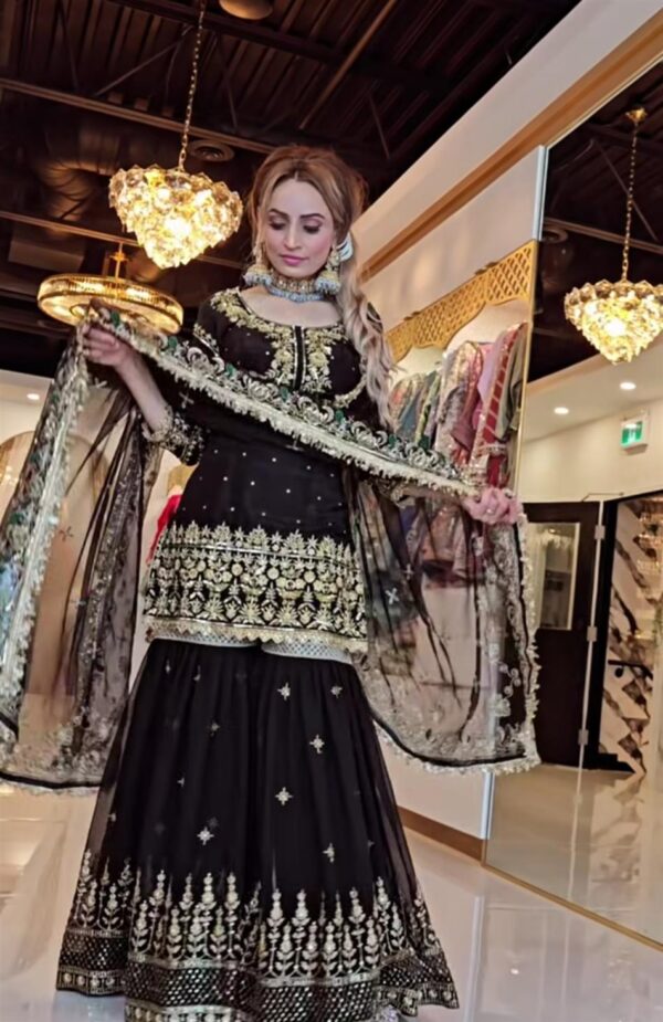 Buy Faux Georgette Embroidered Top with Sharara Palazzo and Dupatta Set - Image 4