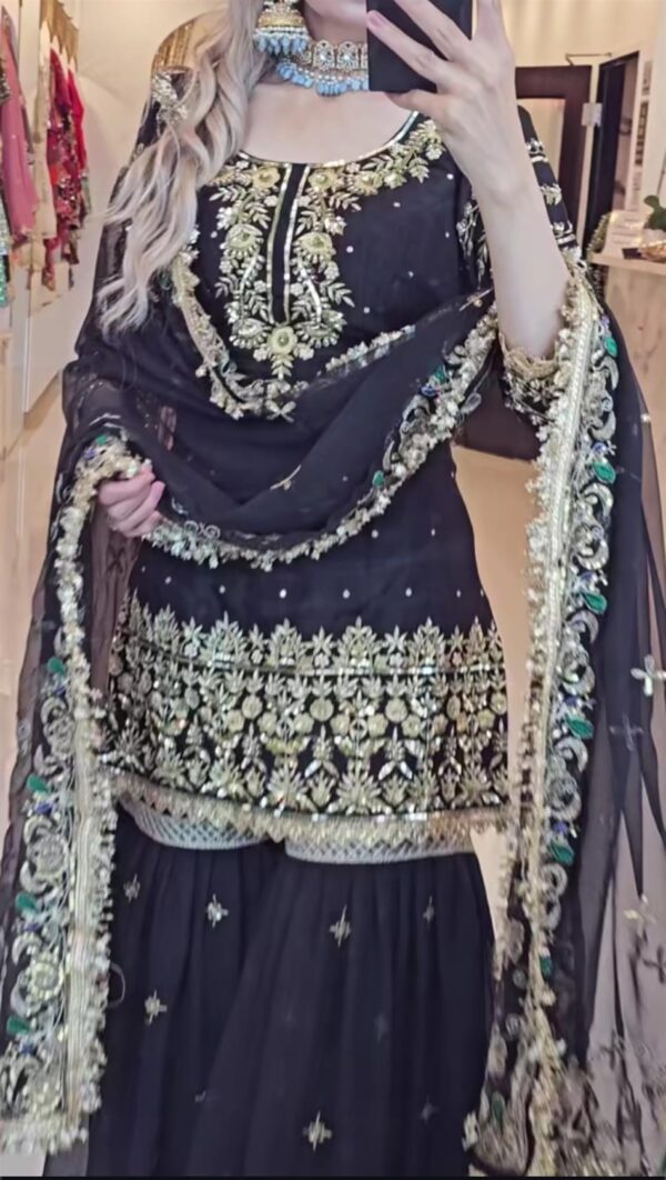 Buy Faux Georgette Embroidered Top with Sharara Palazzo and Dupatta Set - Image 2