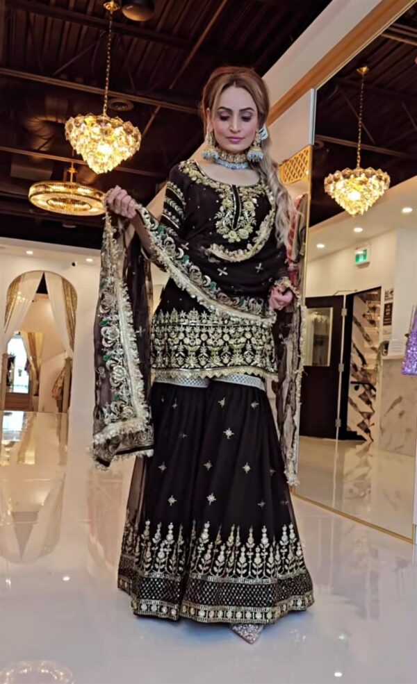 Buy Faux Georgette Embroidered Top with Sharara Palazzo and Dupatta Set