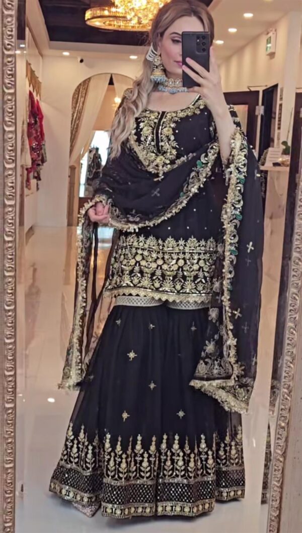Buy Faux Georgette Embroidered Top with Sharara Palazzo and Dupatta Set - Image 3