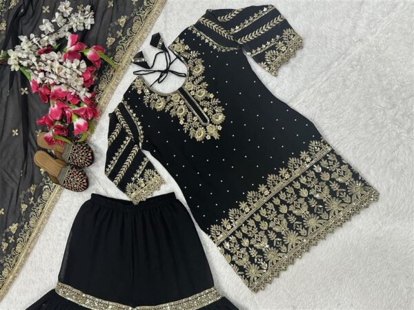 Buy Faux Georgette Embroidered Top with Sharara Palazzo and Dupatta Set - Image 8