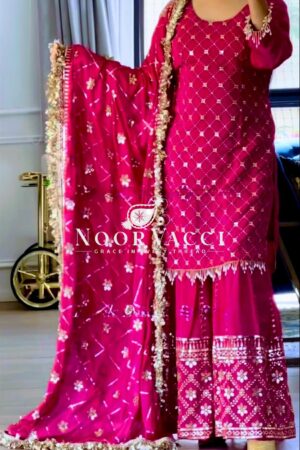 Buy Chinnon Silk Embroidered Sharara Plazo Set with Dupatta