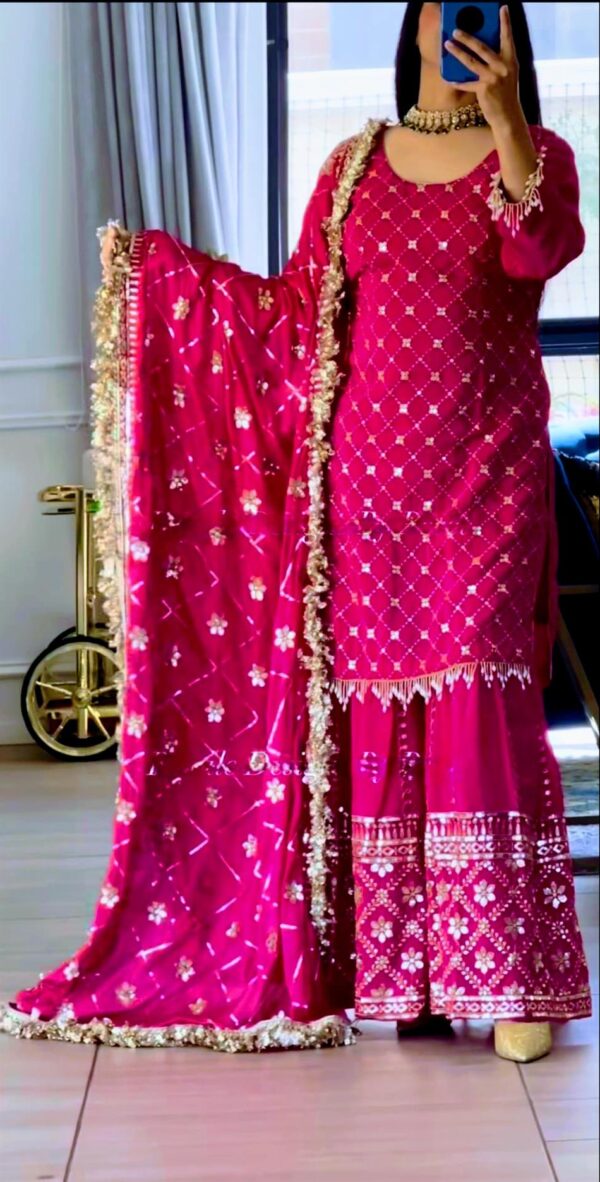 Buy Chinnon Silk Embroidered Sharara Plazo Set with Dupatta