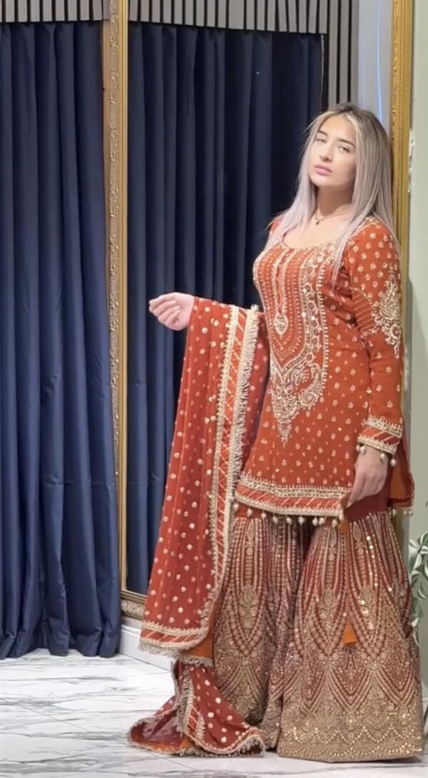 Faux Georgette Embroidered Plazzo Set with Dupatta - Image 2