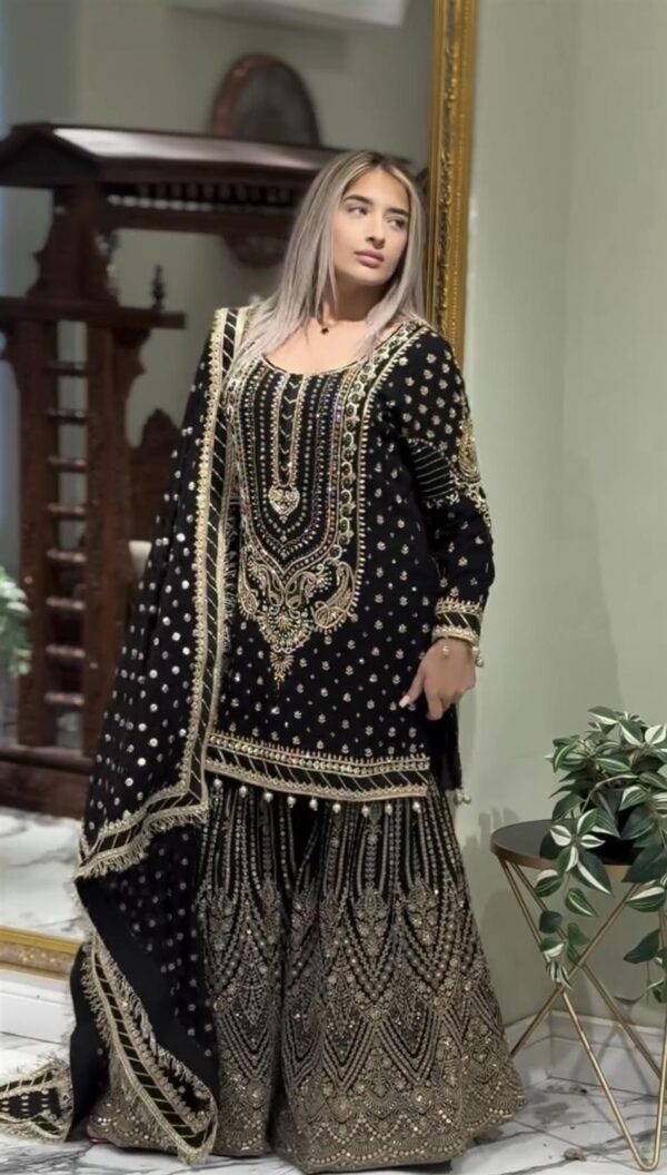 Faux Georgette Embroidered Plazzo Set with Dupatta - Image 2