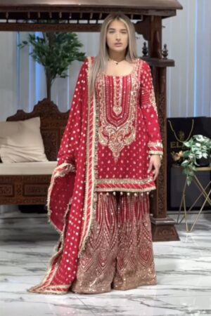 Faux Georgette Embroidered Plazzo Set with Dupatta
