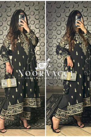 Shop Heavy Chinnon Silk Embroidered Long Top Pant Set with Dupatta