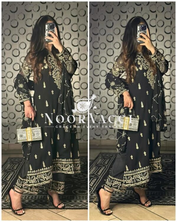 Shop Heavy Chinnon Silk Embroidered Long Top Pant Set with Dupatta