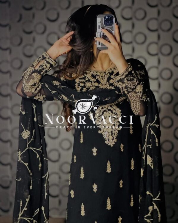 Shop Heavy Chinnon Silk Embroidered Long Top Pant Set with Dupatta - Image 2