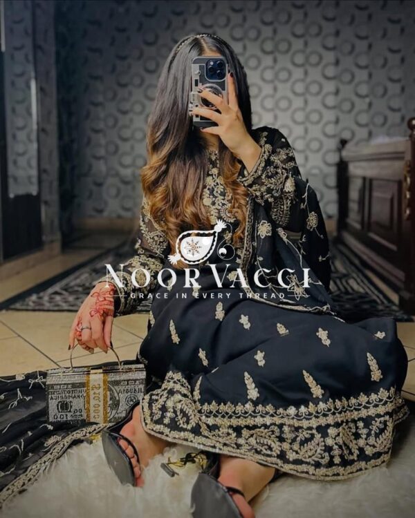 Shop Heavy Chinnon Silk Embroidered Long Top Pant Set with Dupatta - Image 4