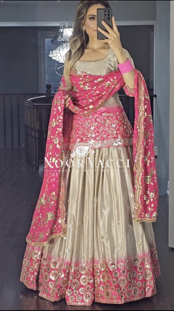 Shop Chinon Embroidered Lehenga with Fully Stitched Top and Dupatta - Image 3