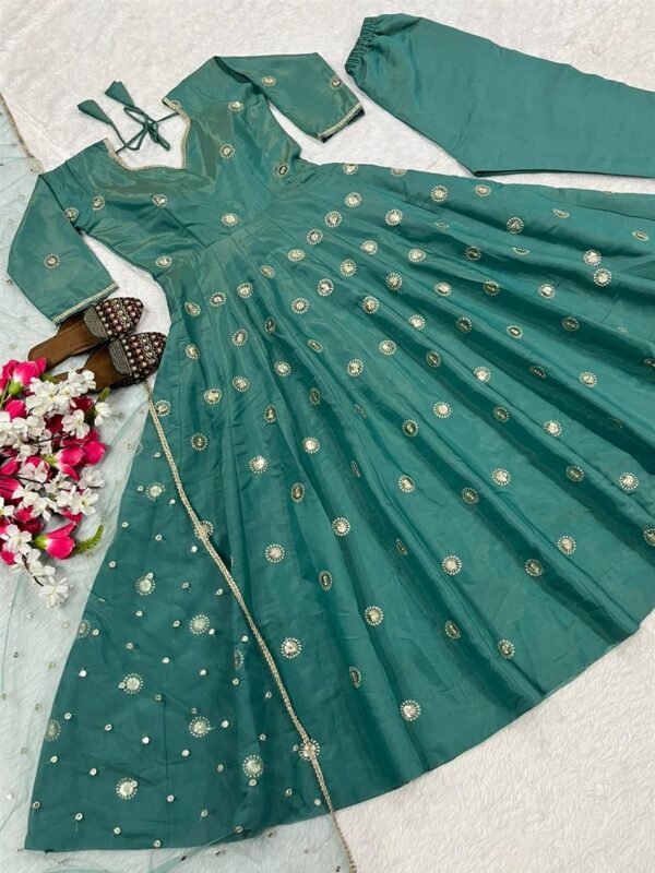 Designer Heavy Simmar Silk Anarkali Suit with Pant and Butterfly Net Dupatta - Image 5