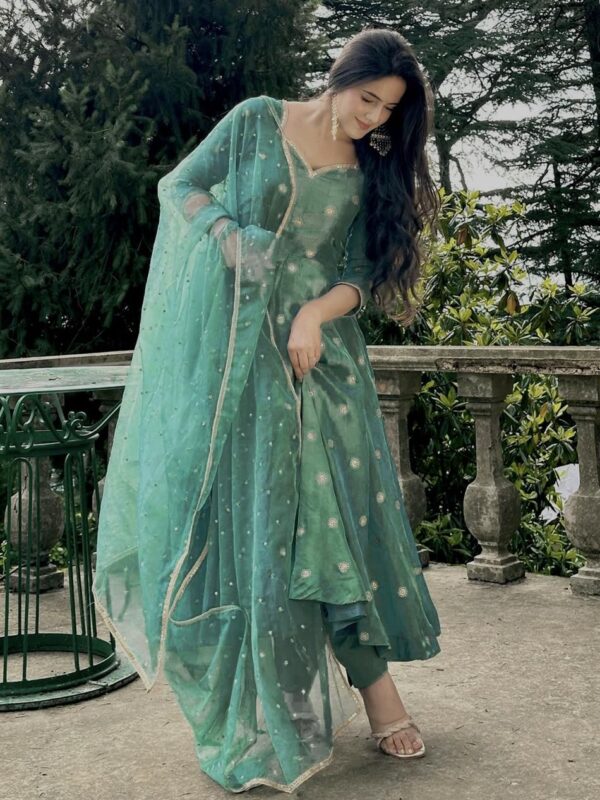 Designer Heavy Simmar Silk Anarkali Suit with Pant and Butterfly Net Dupatta - Image 3